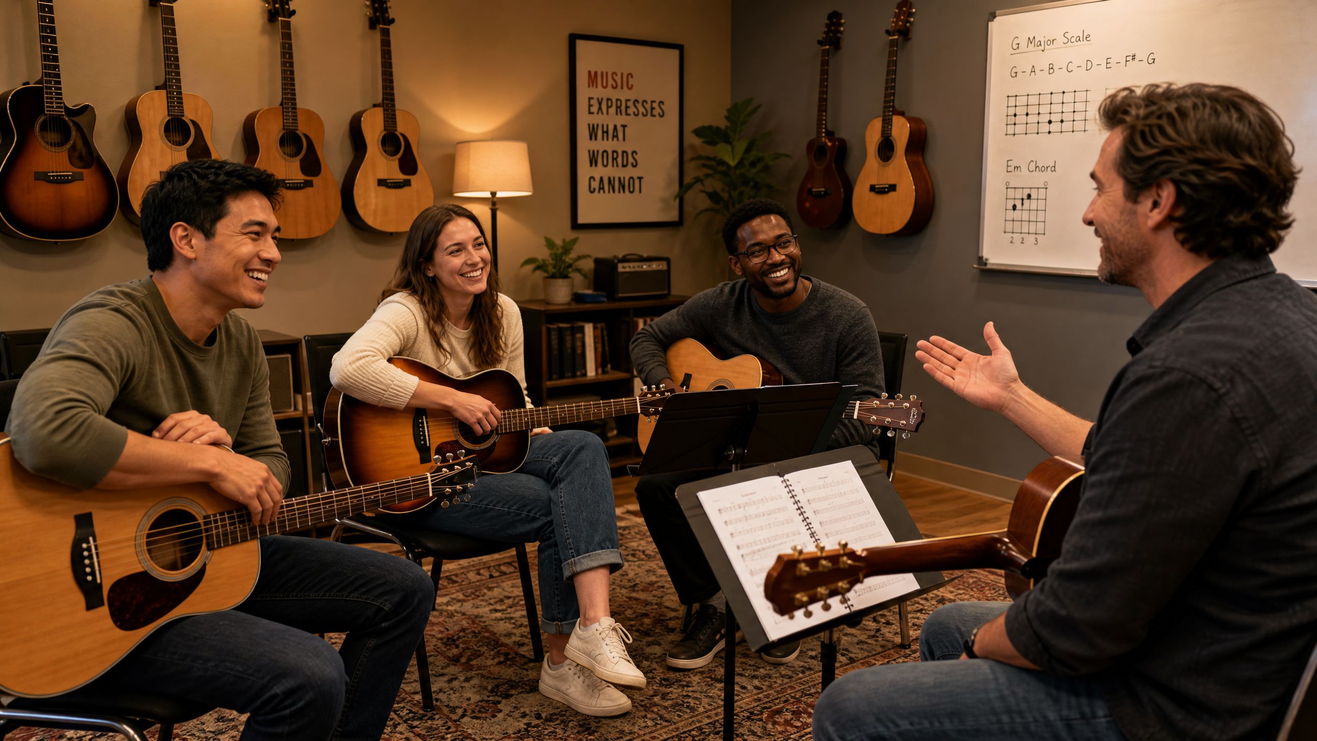 Aula de violão em grupo — Alunos tocando juntos com professor