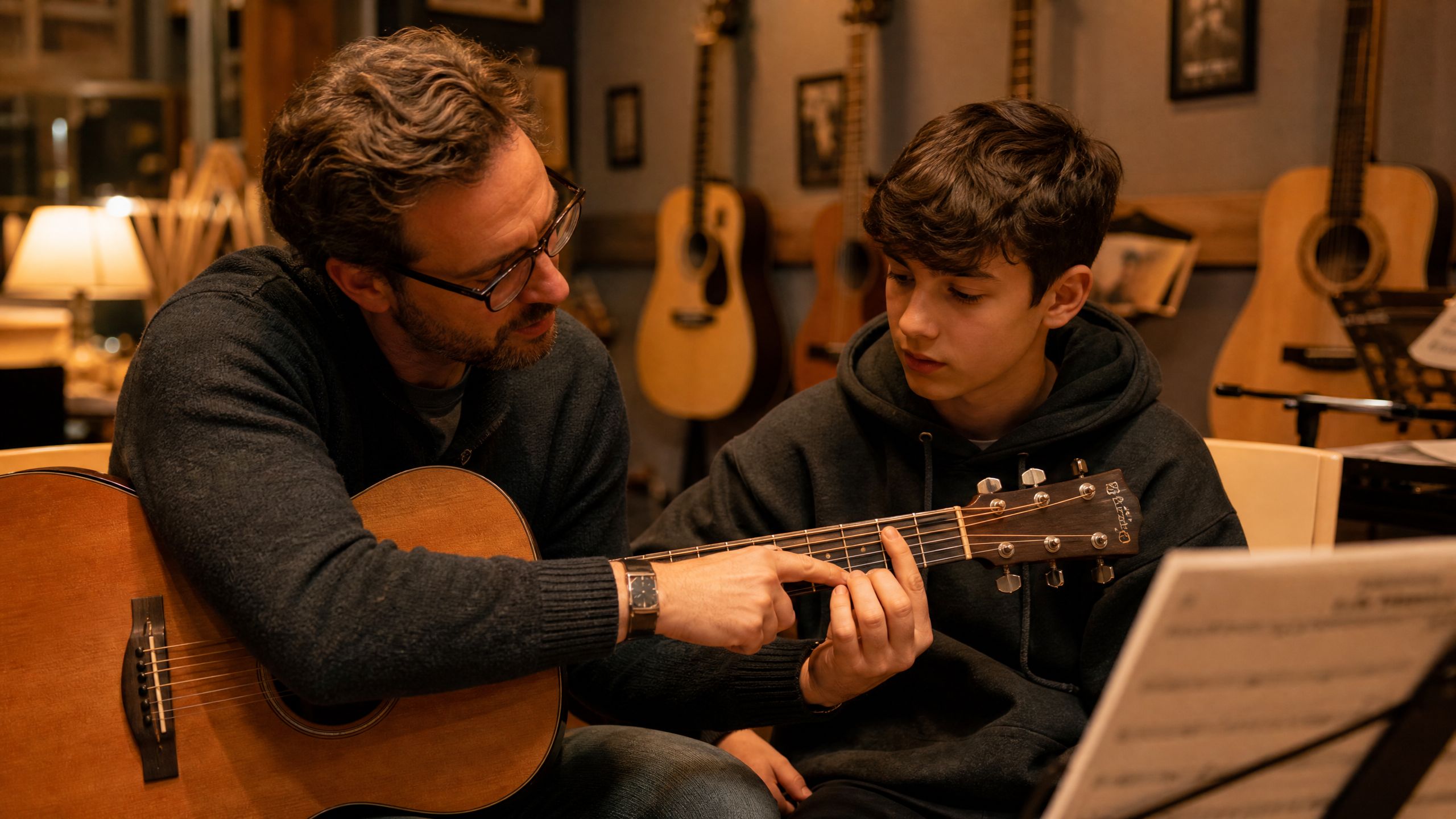 Professor ensinando violão popular para aluno